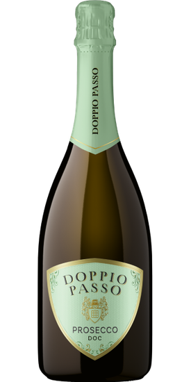 A bottle of Doppio Passo Prosecco stands elegantly, showcasing its sleek design and distinctive mint-green label.