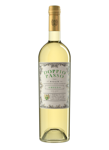 This Sicilian wine bottle, Doppio Passo Grillo, is elegantly designed with a classic label and a shiny gold cap, exuding sophistication.