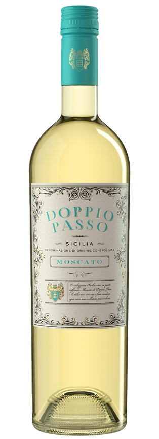 A bottle of Moscato Doppio Passo, sweet and aromatic.