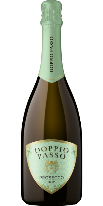 Una bottiglia di Doppio Passo Prosecco si erge elegante, mettendo in mostra il suo design raffinato e la sua caratteristica etichetta verde menta.