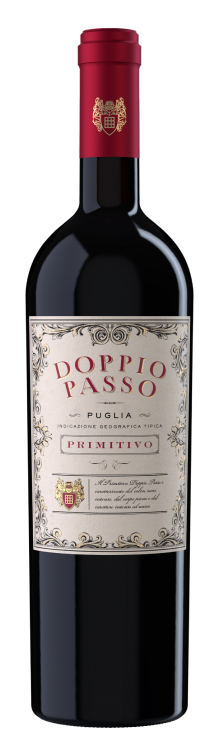 A bottle of Doppio Passo Primitivo wine, elegantly designed with a cream label and a striking red cap.