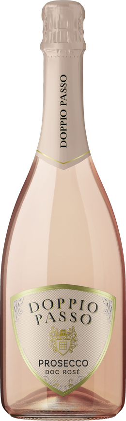 Eine Flasche Doppio Passo Prosecco DOC Rosé, die sich durch ihr elegantes Design und ihre zarte rosa Farbe auszeichnet und sich perfekt für Feierlichkeiten eignet.