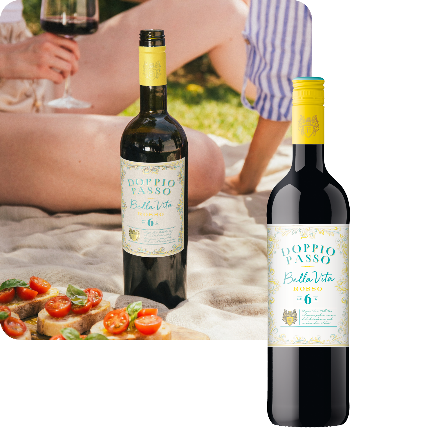A picnic, bruschetta, and Bella Vita Rosso for carefree moments.