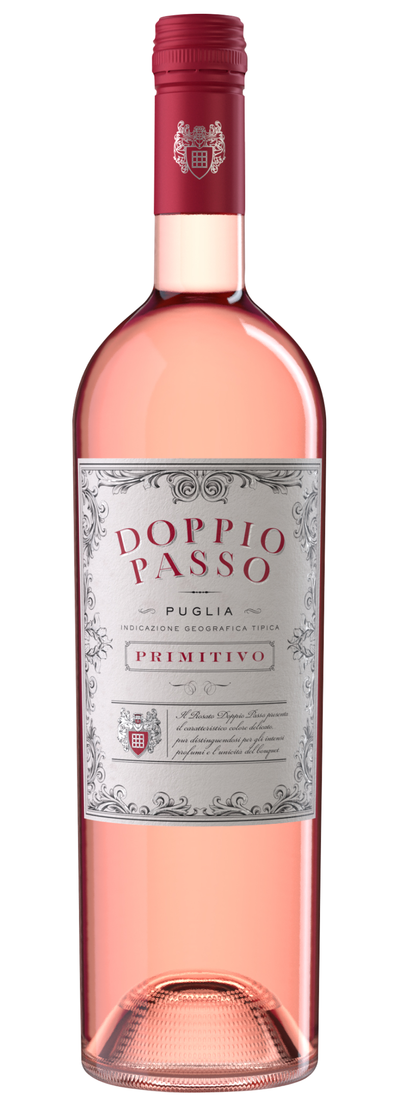 Flasche Primitivo Rosato Doppio Passo, lebhaft und erlesen.