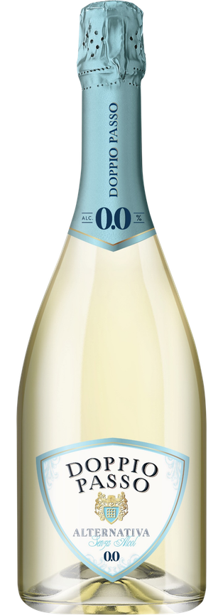 Bottiglia di Italian Sparkling Alternativa Doppio Passo, bollicine analcoliche.
