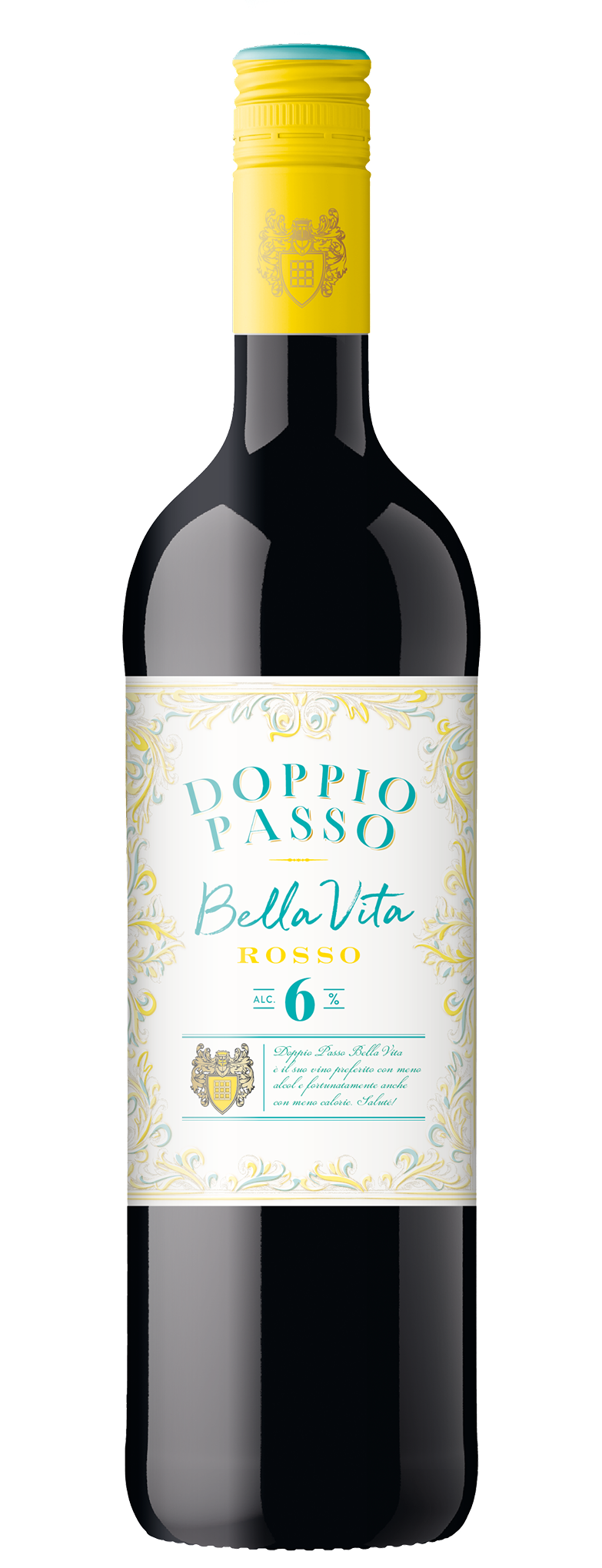 Bottiglia di vino Bella Vita Rosso Doppio Passo, bassa gradazione alcolica. 