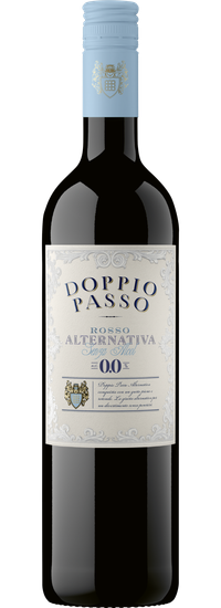 Bottiglia di Rosso Alternativa Doppio Passo, vino analcolico elegante.