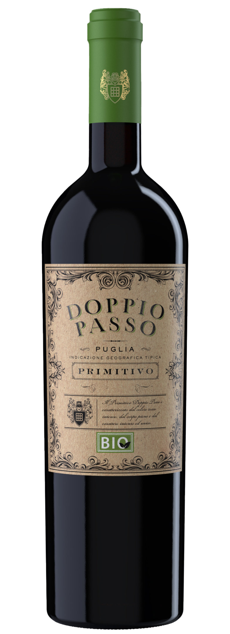 Bottiglia di Primitivo Bio Doppio Passo, autentico e sostenibile.