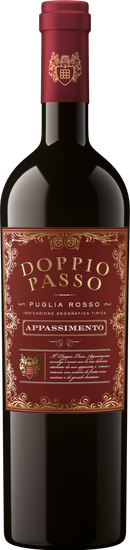 A bottle of Doppio Passo wine, elegantly designed with a rich red label and gold accents, showcasing its Puglia Rosso origin.