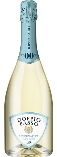 A bottle of Italian Sparkling Alternativa Doppio Passo, alcohol-free bubbly.