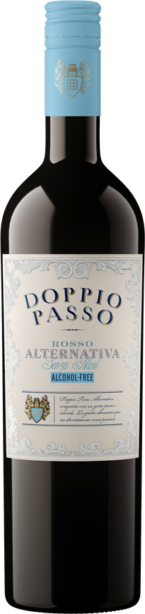An alcohol-free Doppio Passo Rosso wine bottle, adorned with a stylish label and a distinctive blue cap, perfect for celebrations.