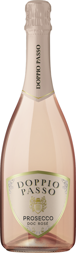 Una bottiglia di Doppio Passo Prosecco DOC Rosé, che si distingue per il suo design elegante e il suo delicato colore rosa, perfetta per le occasioni di festa.