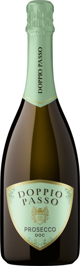 Una bottiglia di Doppio Passo Prosecco DOC, caratterizzata da un'etichetta verde chiaro e un design elegante, spicca su uno sfondo bianco.