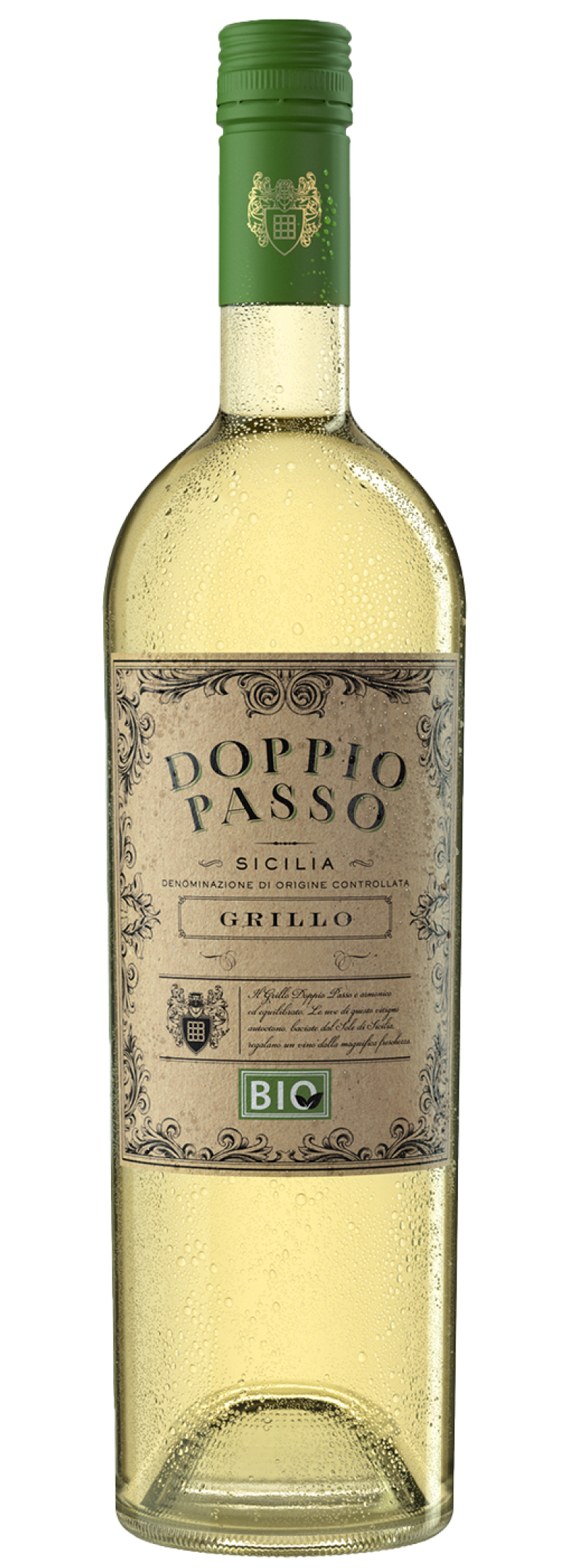 A bottle of Grillo Bio Doppio Passo, fresh and sustainable.