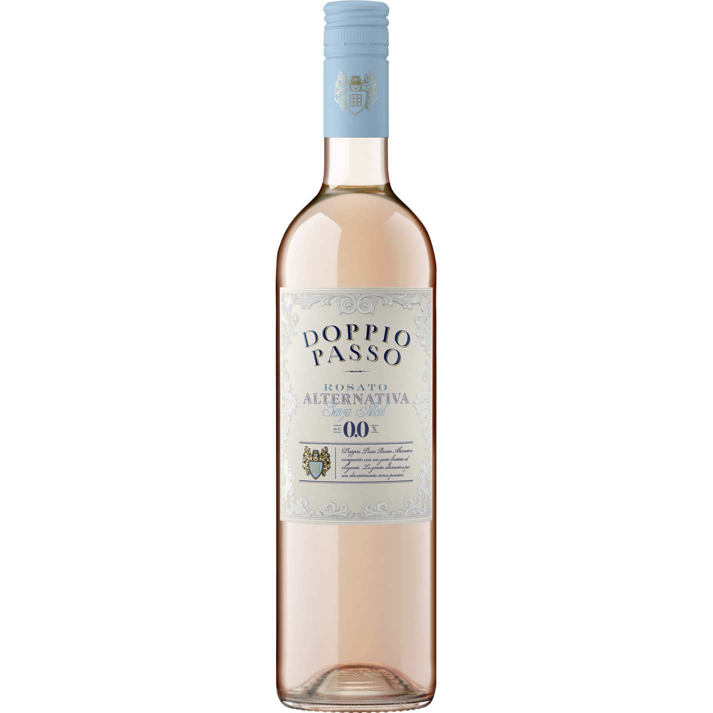 A bottle of alcohol-free Rosato Alternativa by Doppio Passo.
