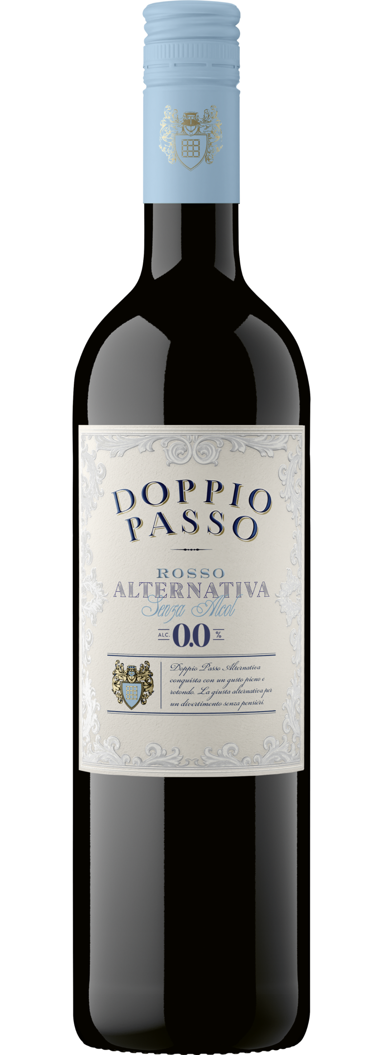 A bottle of Rosso Alternativa Doppio Passo, an elegant alcohol-free wine.