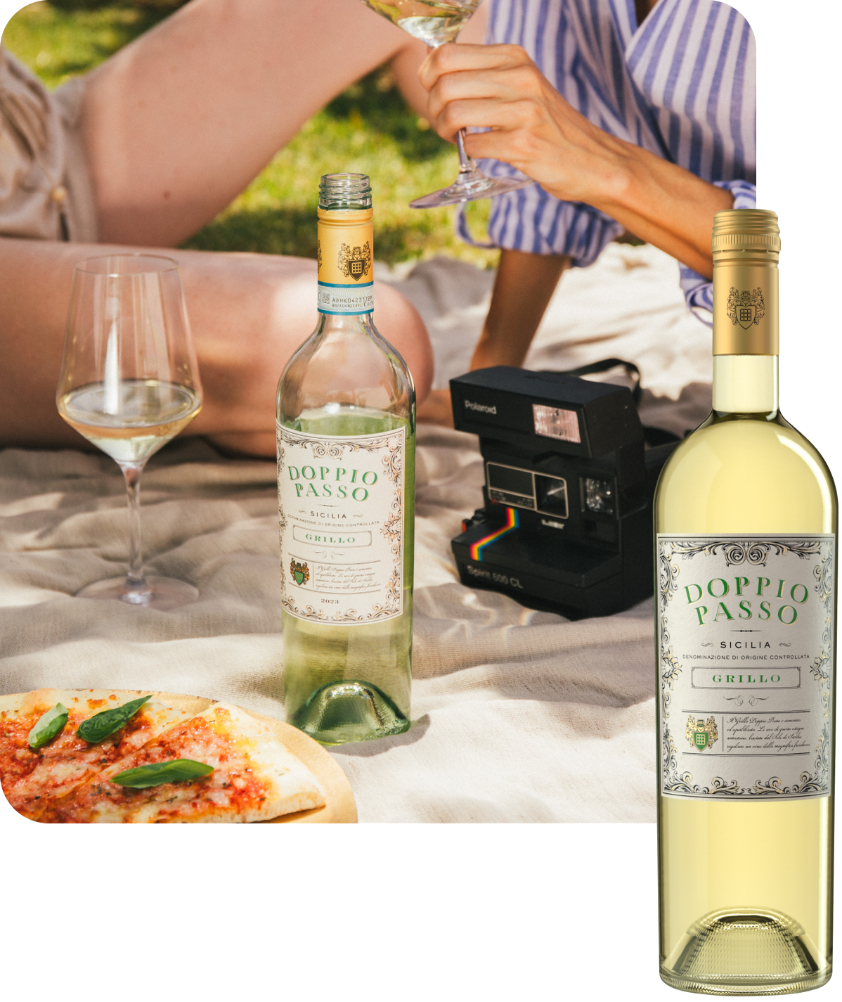 Eine entspannte Picknick-Szene mit einer Flasche Doppio Passo Grillo, einem Glas Wein und einer köstlichen Pizza.